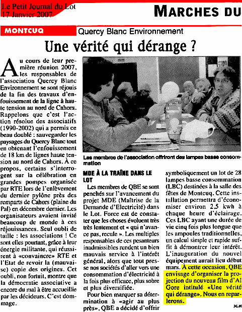 Le Petit Journal du Lot - 11 au 17 janvier 2007 - Quercy Blanc Environnement - Une vrit qui drange ?