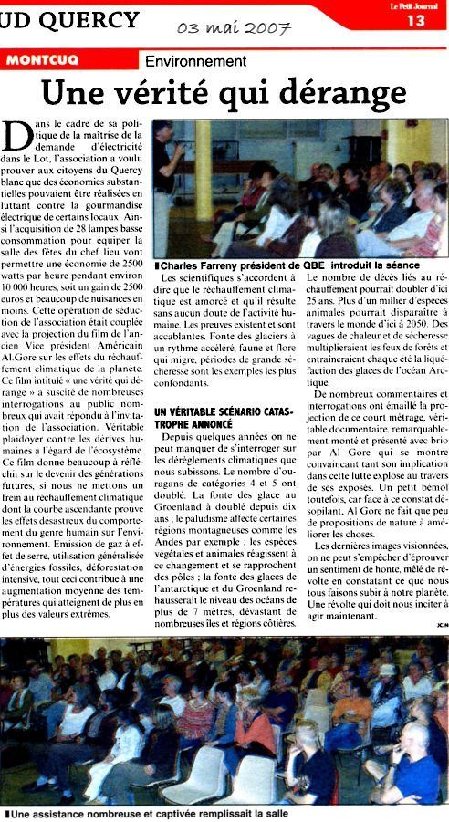 Le Petit Journal du Lot - 03 mai 2007 - Quercy Blanc Environnement - Une vrit qui drange ?